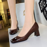 Retro Shoes Chunky Heel Mid Heel Low Cut Stitching Square Toe Cocktail Single Layer Shoes Women